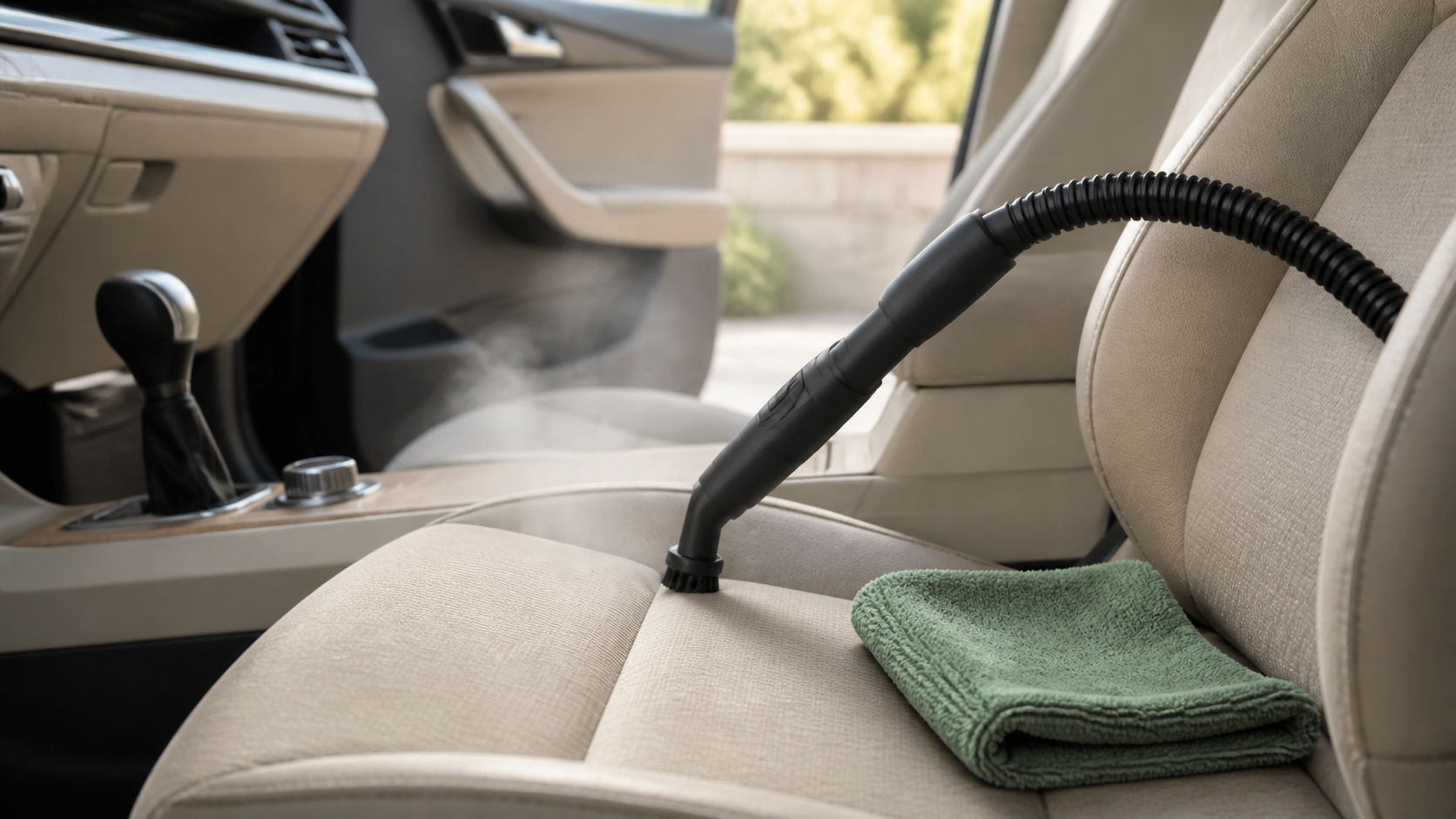 Steam cleaning a beige car interior with a detail nozzle