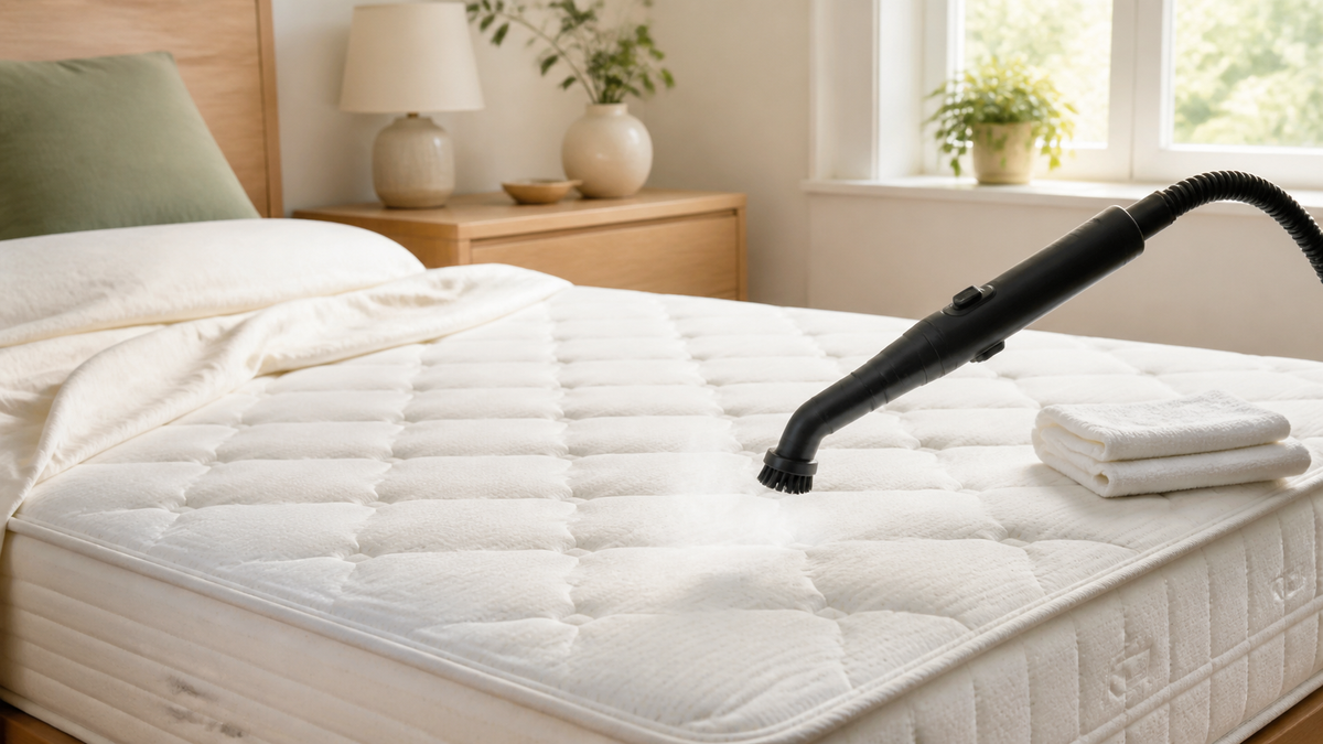 Careful steam-cleaning preparation on a mattress