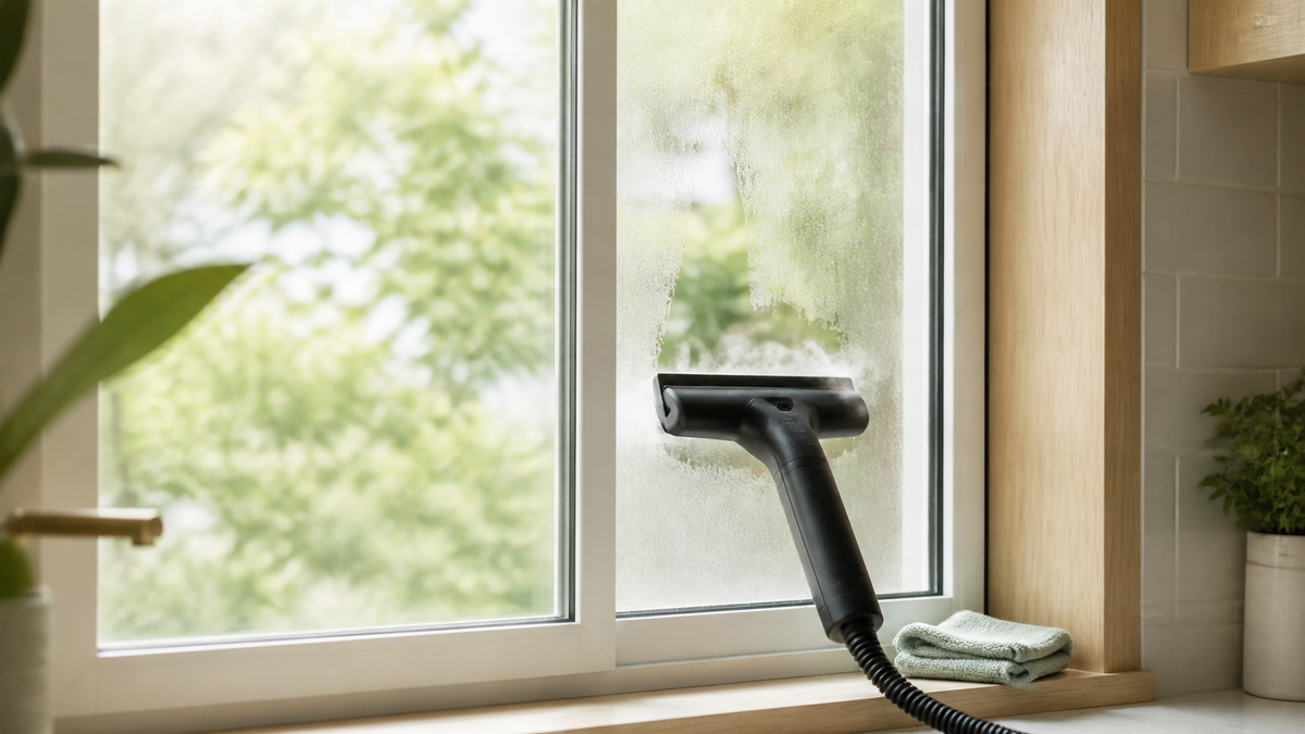 Steam squeegee cleaning a bright kitchen window