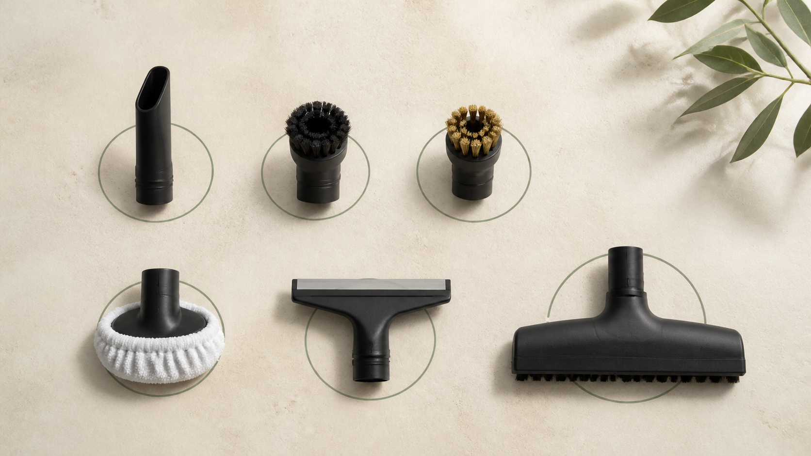 Six steam-cleaner attachments arranged on an ivory surface