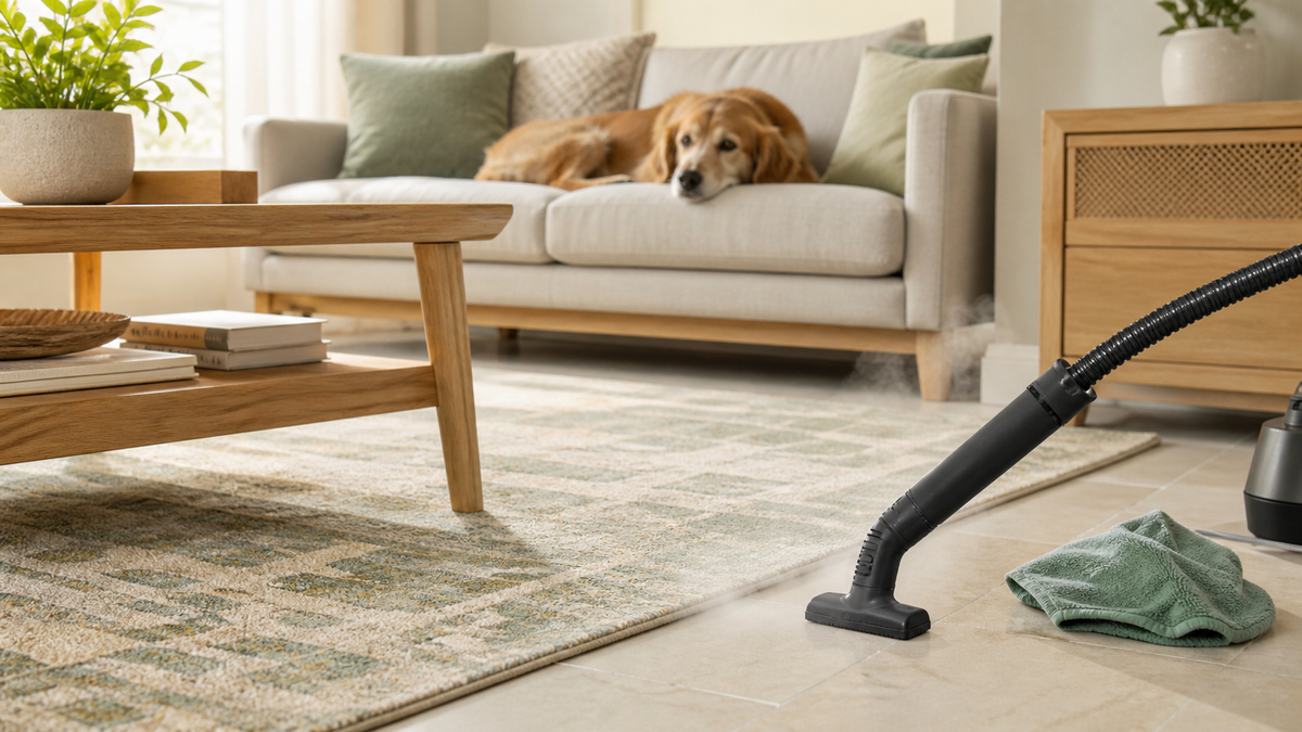 Steam cleaning tile in a calm pet-friendly living room