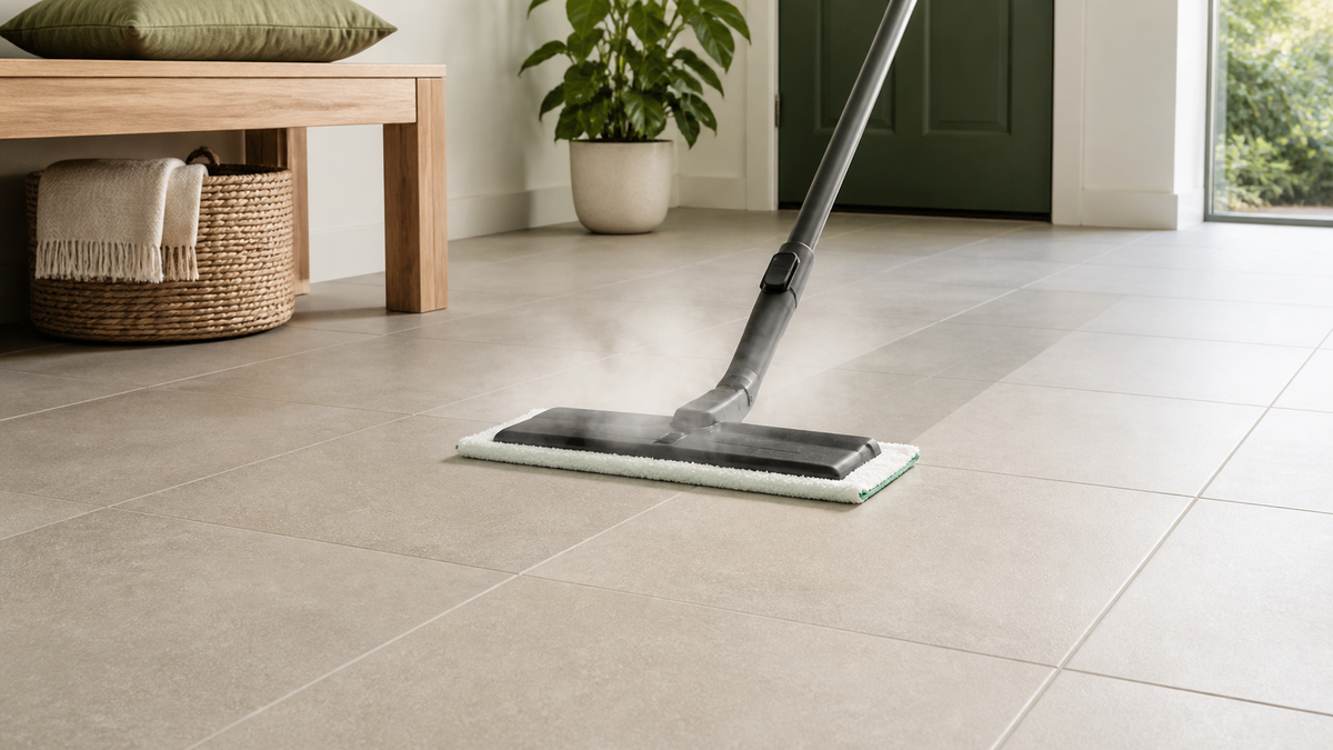 Microfiber steam floor head on sealed porcelain tile