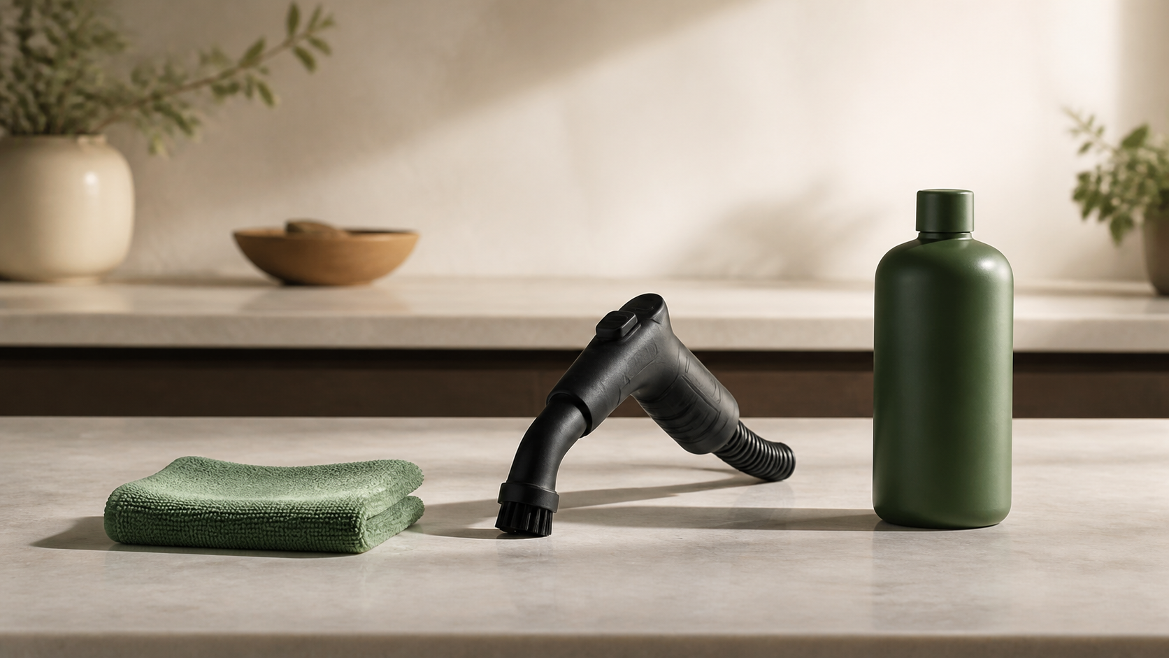 Microfiber cloth, steam nozzle and closed cleaning bottle