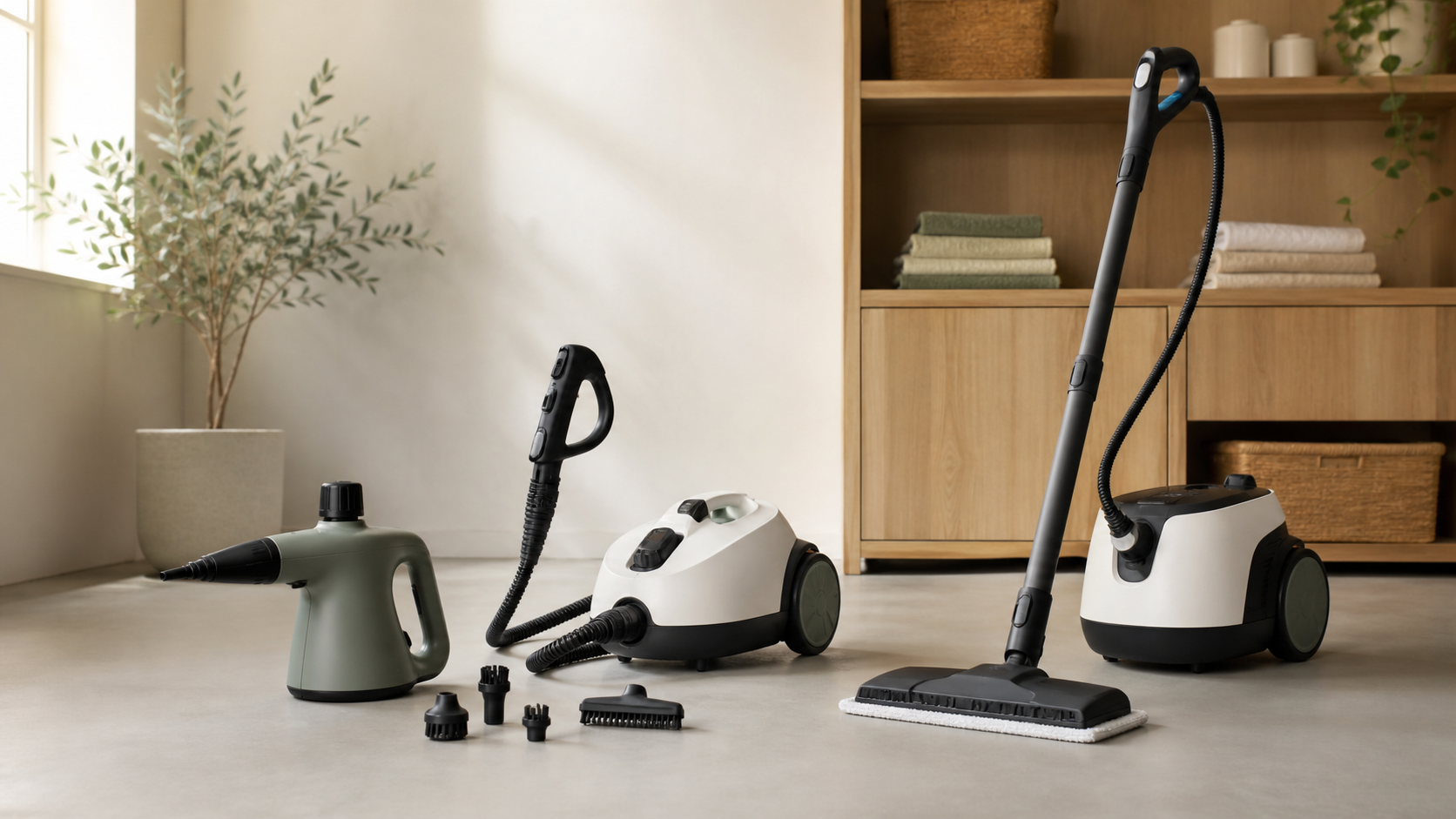 Three home steam-cleaner formats in a warm utility room