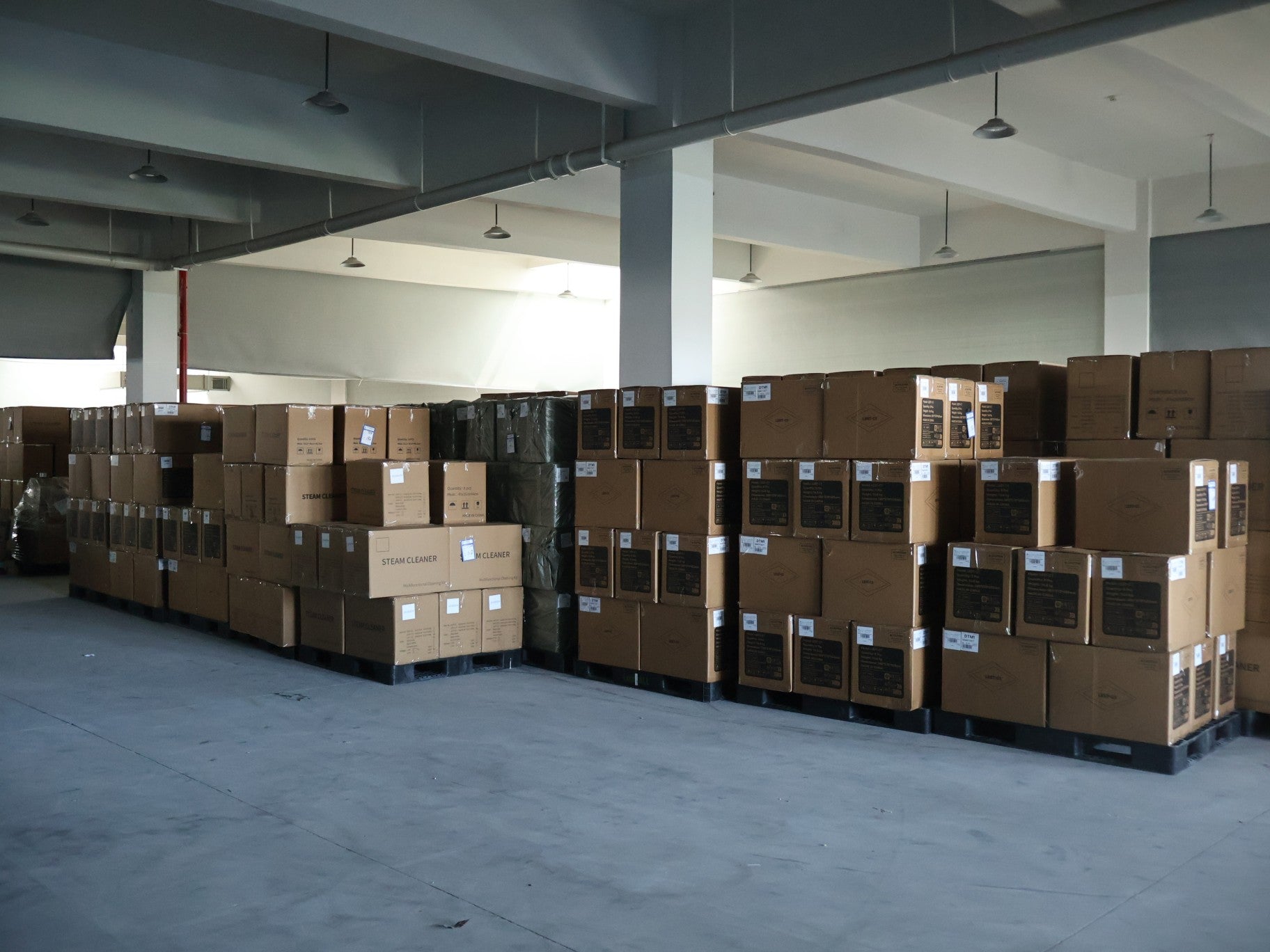 Packed steam cleaners in the LEST warehouse
